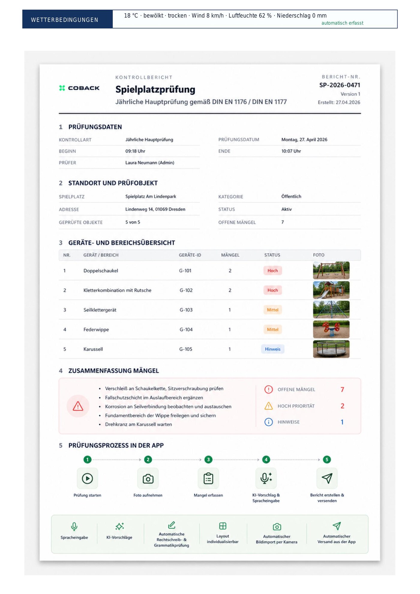 Vorschau eines Spielplatz-Prüfberichts mit Tabellen, Fotos und Mängelübersicht